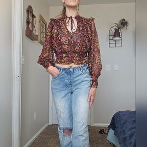Free People Floral Sheer Blouse - Red and Yellow